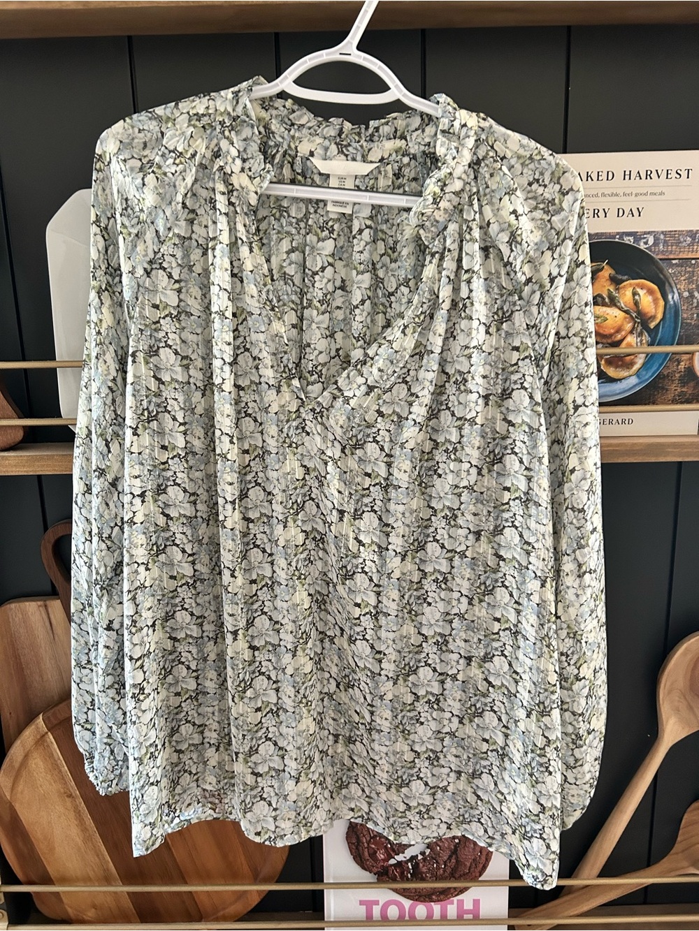 H&M Light Gray and Pale Green Floral V-Neck Blouse